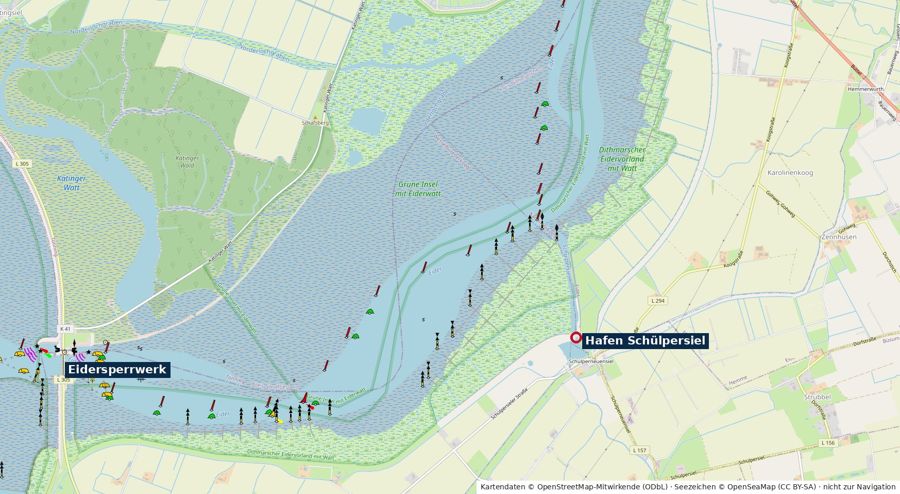 Seekarte: Eider vom Eidersperrwerk bis zum Hafen Schülpersiel mit Fahrwassertonnen